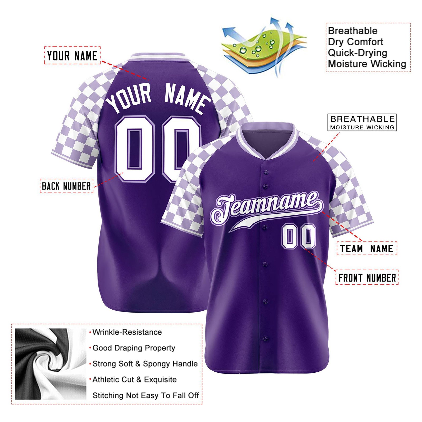 Custom Purple White Authentic Plaid Sleeve Baseball Jersey