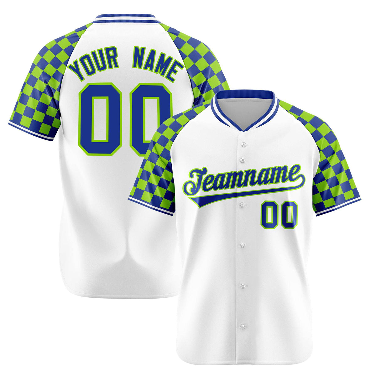 Custom White Neon Green-Royal Blue Authentic Plaid sleeve Baseball Jersey