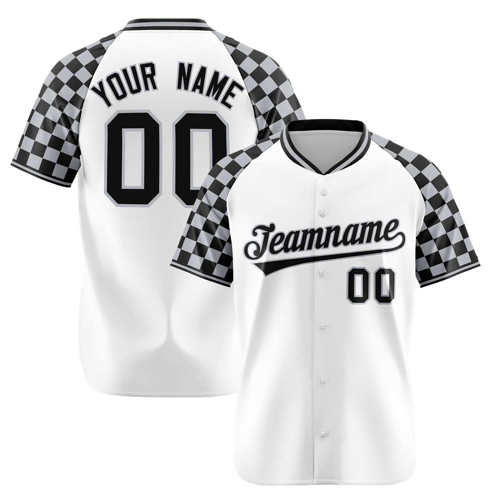 Custom White Gray-Black Authentic Plaid sleeve Baseball Jersey