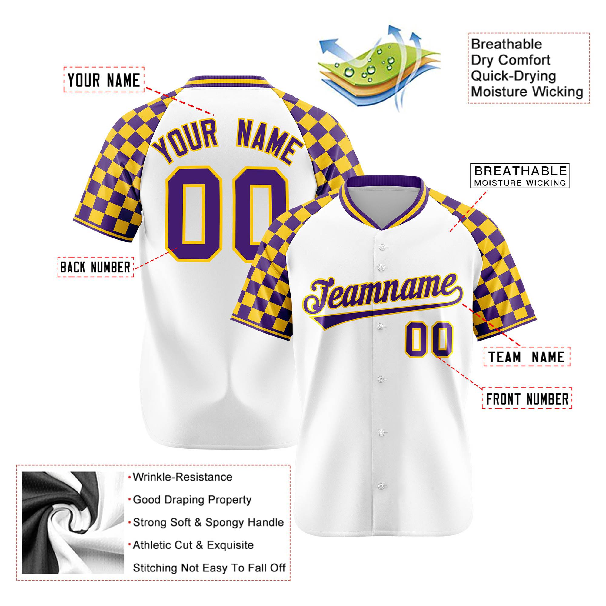 Custom White Gold-Purple Authentic Plaid Sleeve Baseball Jersey