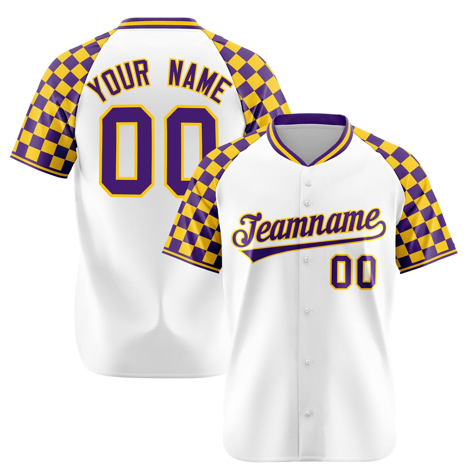 Custom White Gold-Purple Authentic Plaid Sleeve Baseball Jersey