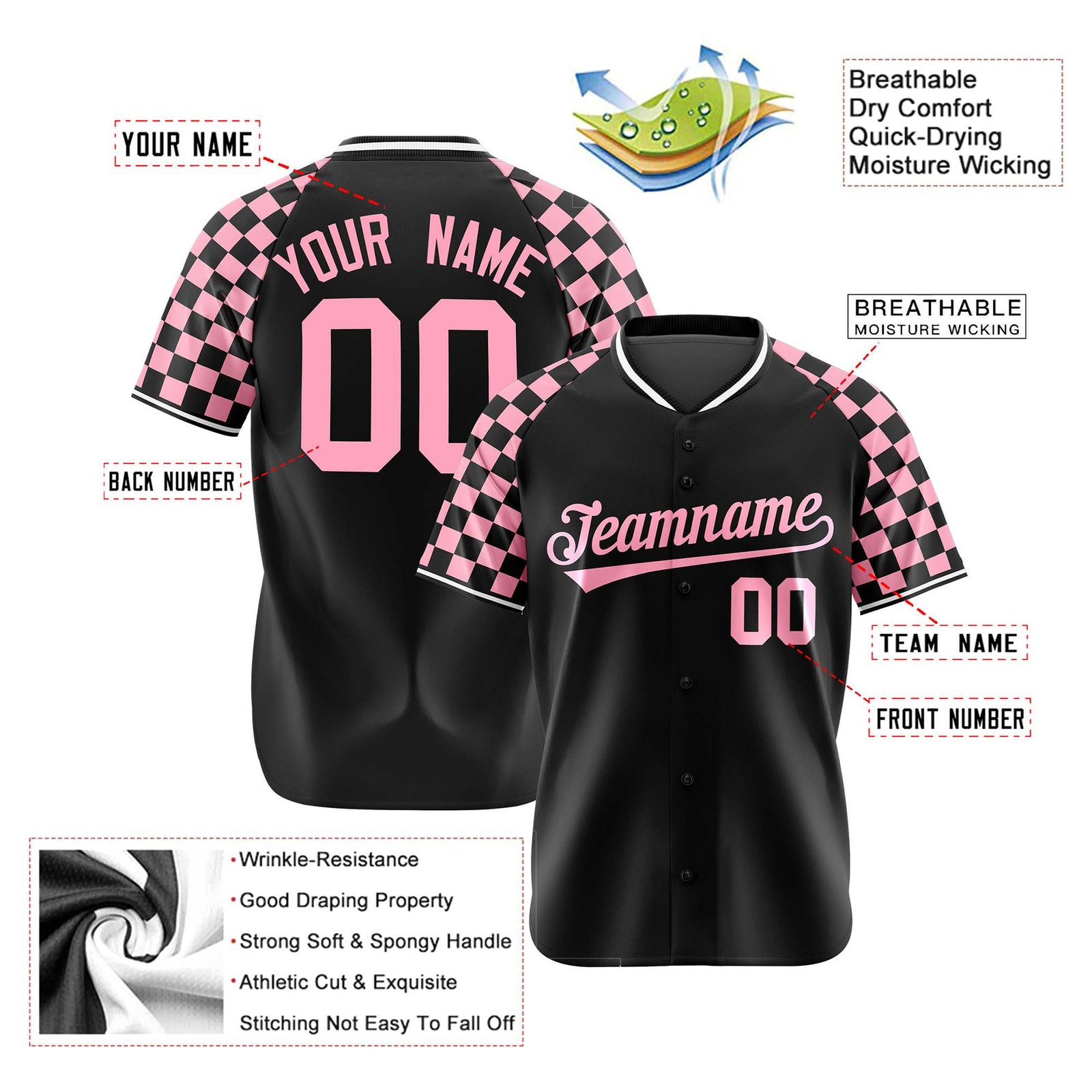 Custom Black Light Pink Authentic Plaid Sleeve Baseball Jersey