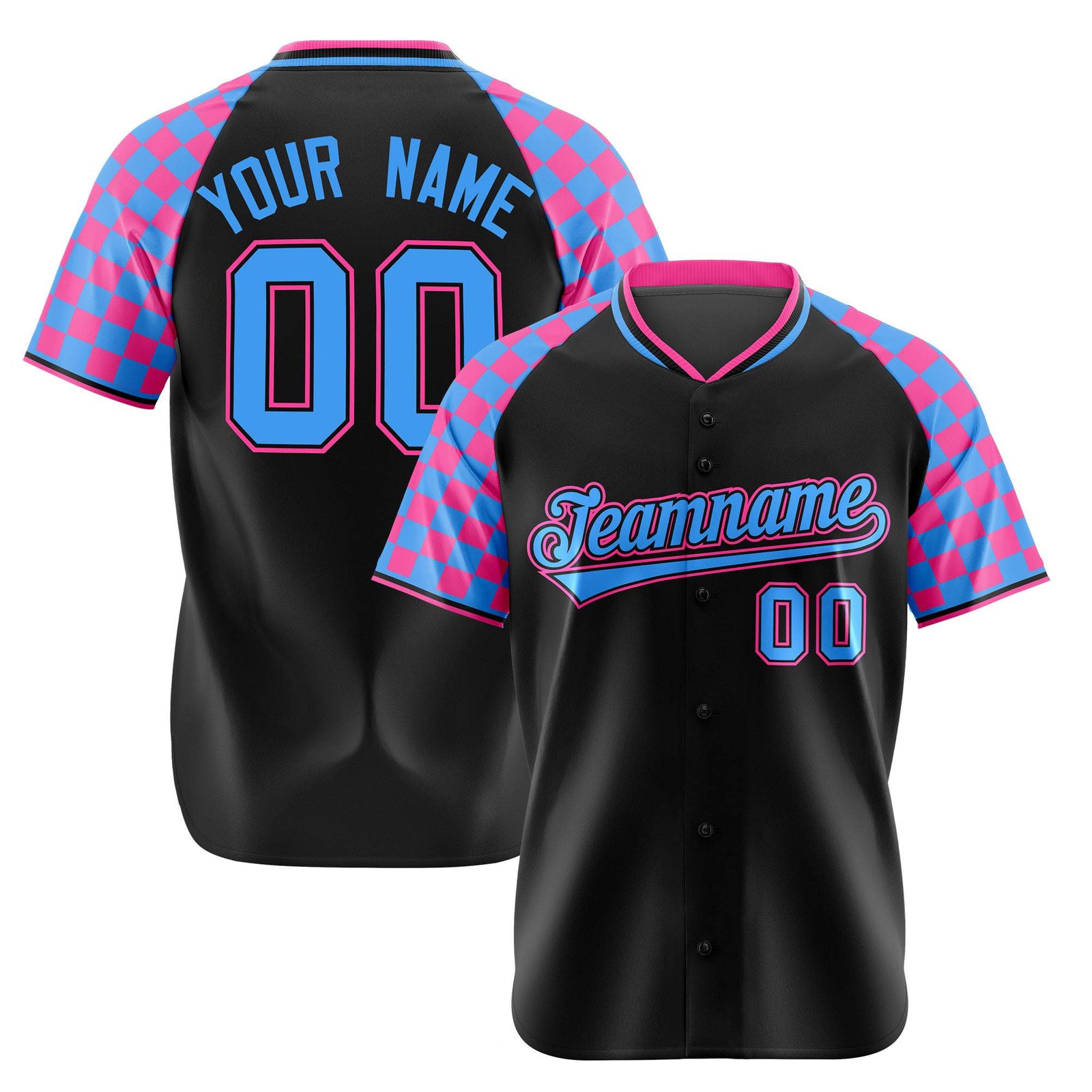 Custom Black Pink-Powder Blue Authentic Plaid Sleeve Baseball Jersey