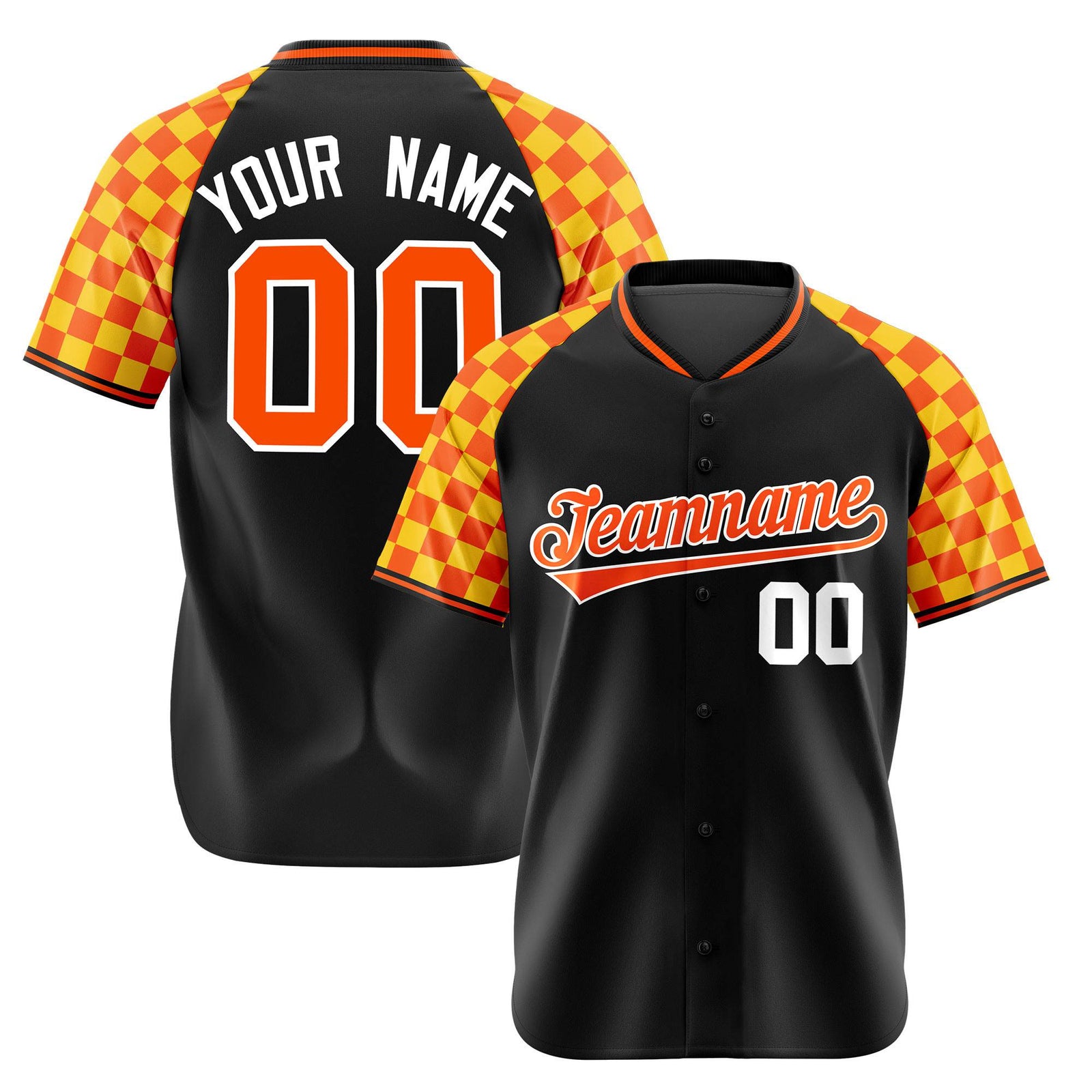 Custom Black Orange-Gold Authentic Plaid Sleeve Baseball Jersey