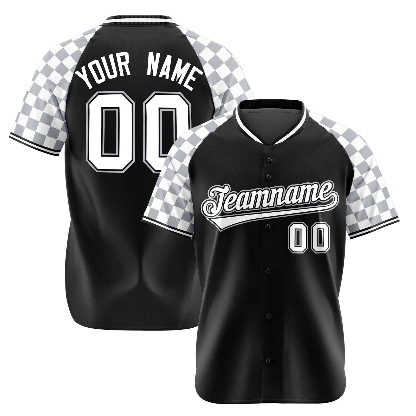 Custom Black Gray-White Authentic Plaid Sleeve Baseball Jersey