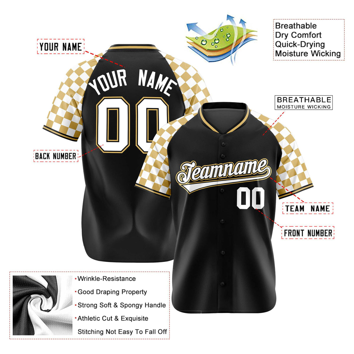 Custom Black Old Gold-White Authentic Plaid Sleeve Baseball Jersey