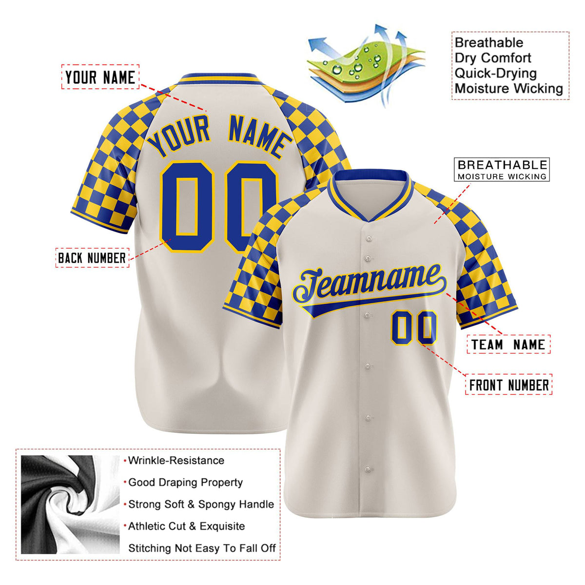 Custom Khaki Royal Blue-Gold Authentic Plaid Sleeve Baseball Jersey