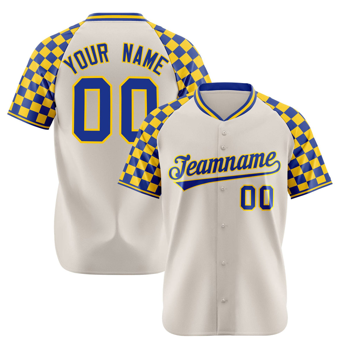 Custom Khaki Royal Blue-Gold Authentic Plaid Sleeve Baseball Jersey