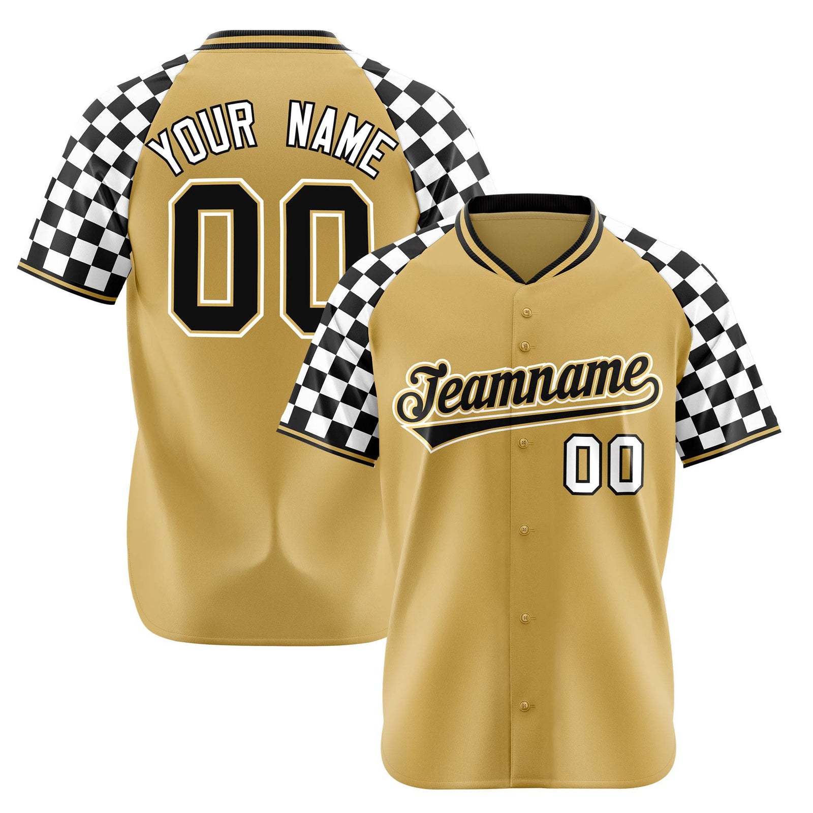 Custom Old Gold Black-White Authentic Plaid Sleeve Baseball Jersey