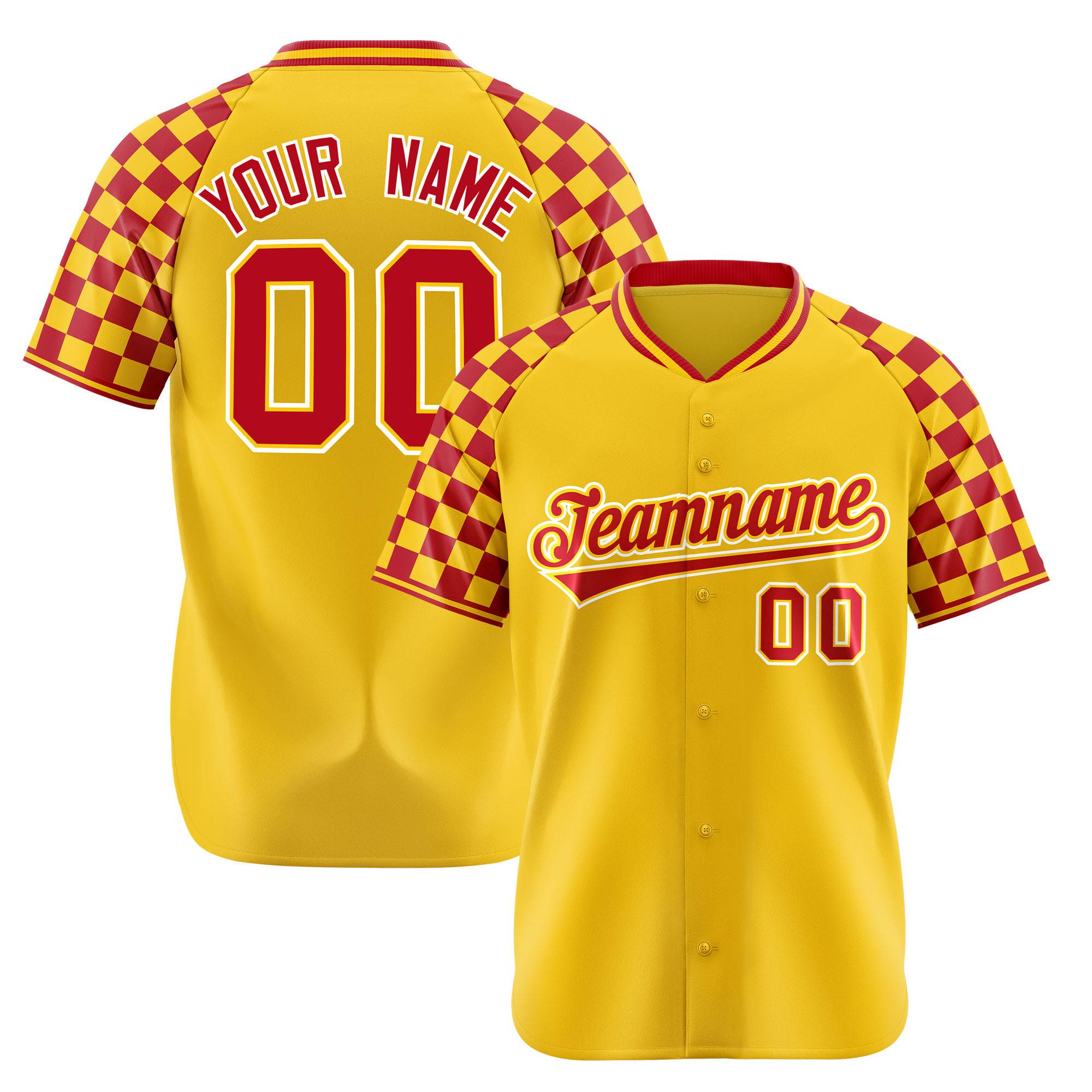 Custom Gold Red Authentic Plaid Sleeve Baseball Jersey