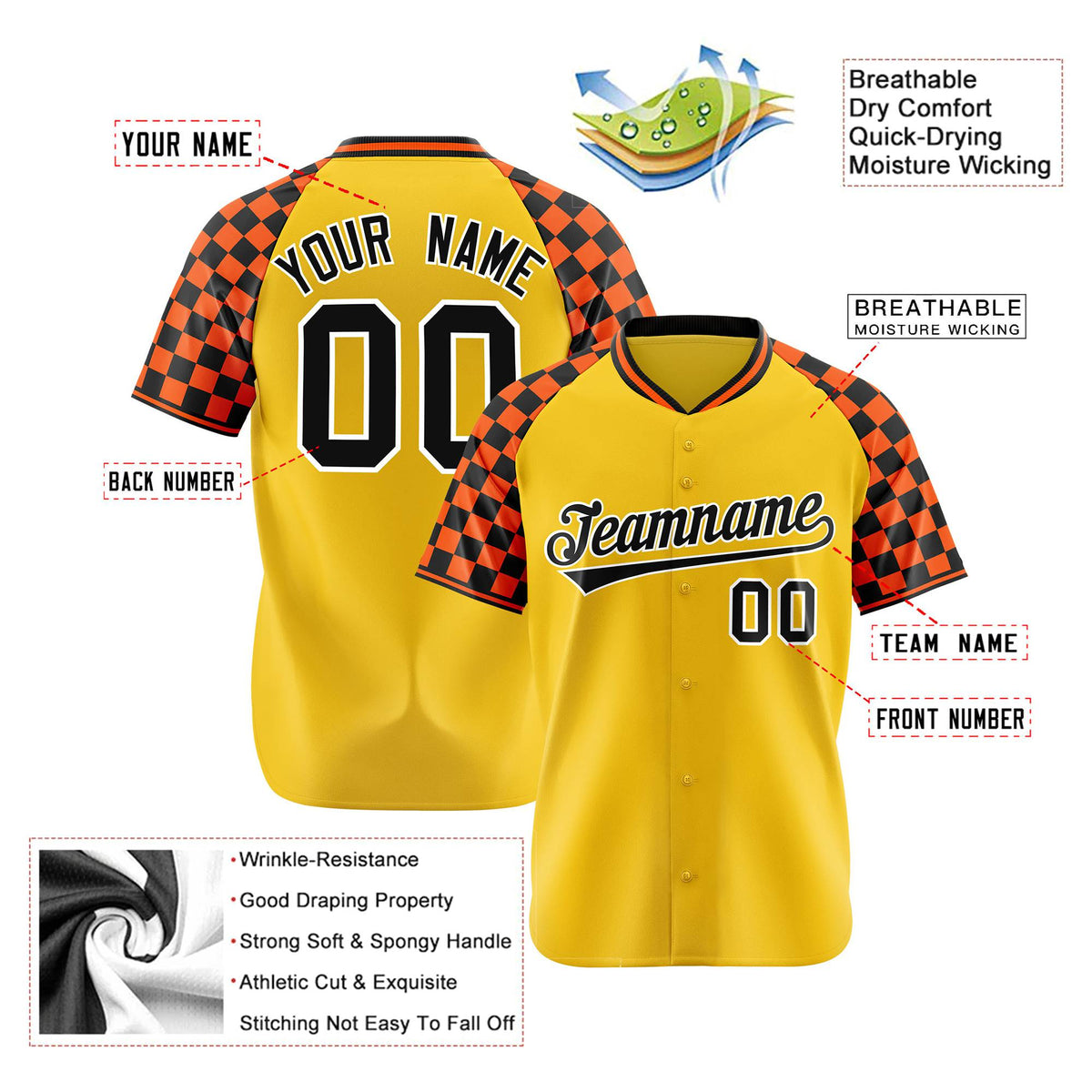 Custom Gold Black-Orange Authentic Plaid Sleeve Baseball Jersey