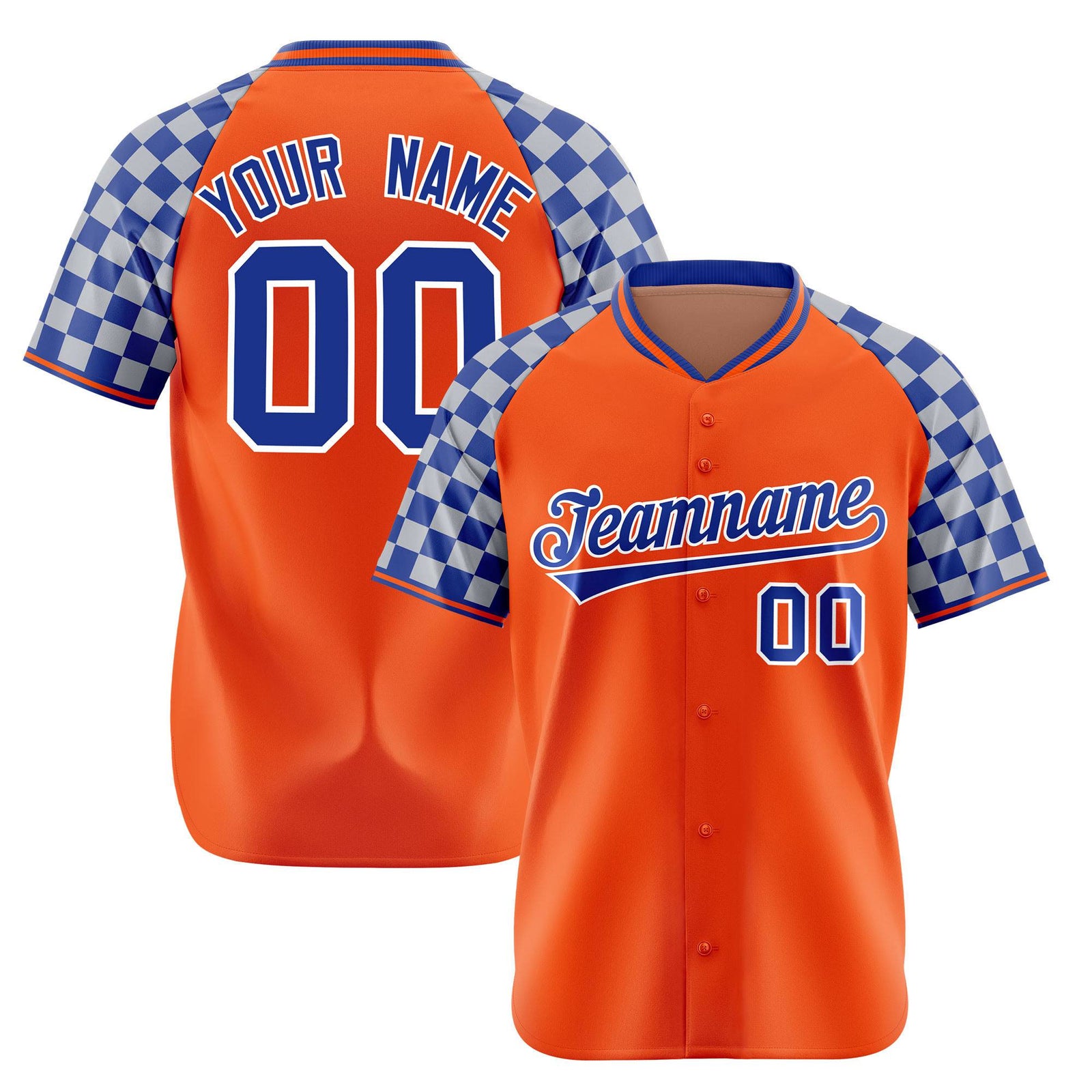 Custom Orange Royal Blue-Gray Authentic Plaid Sleeve Baseball Jersey