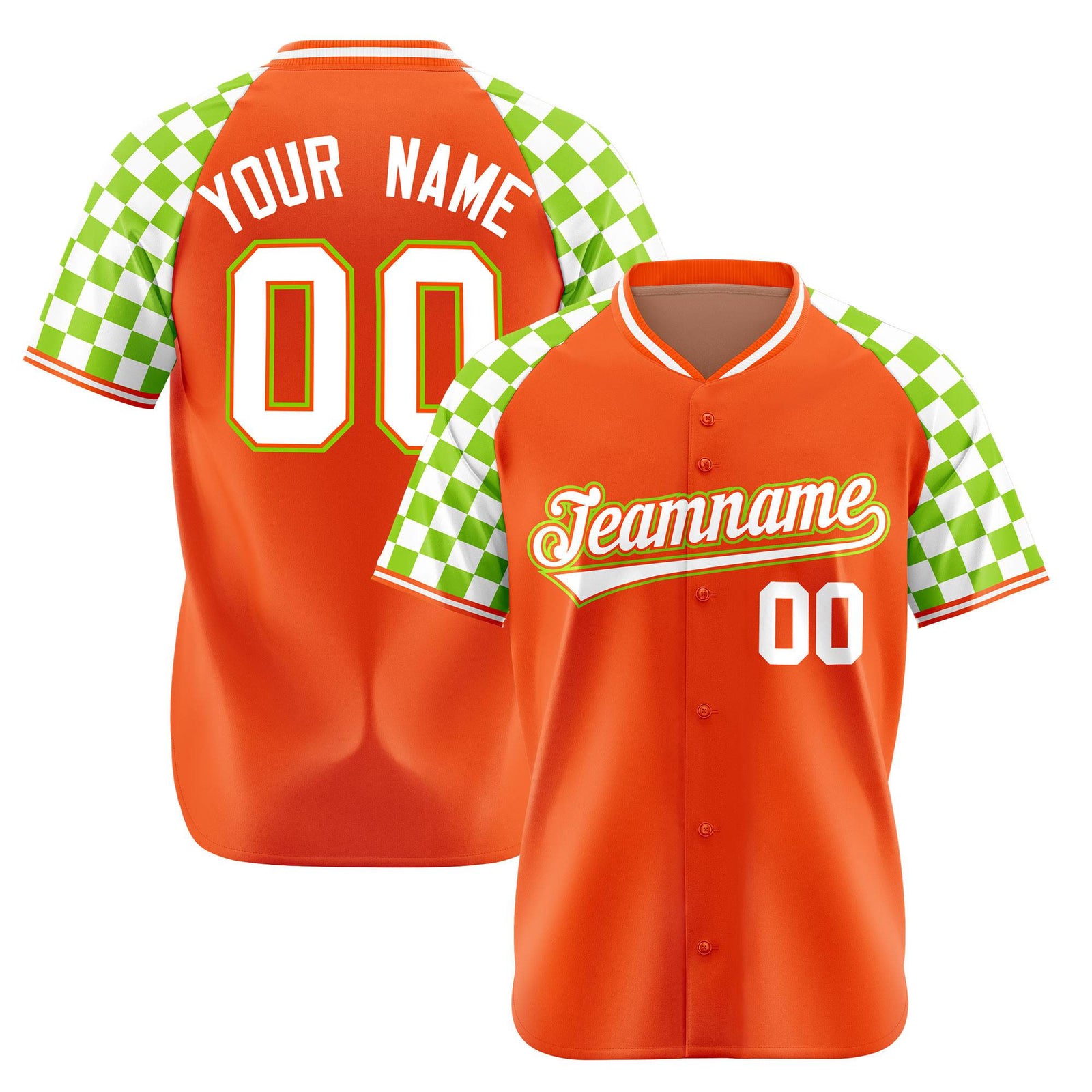 Custom Orange White-Neon Green Authentic Plaid Sleeve Baseball Jersey