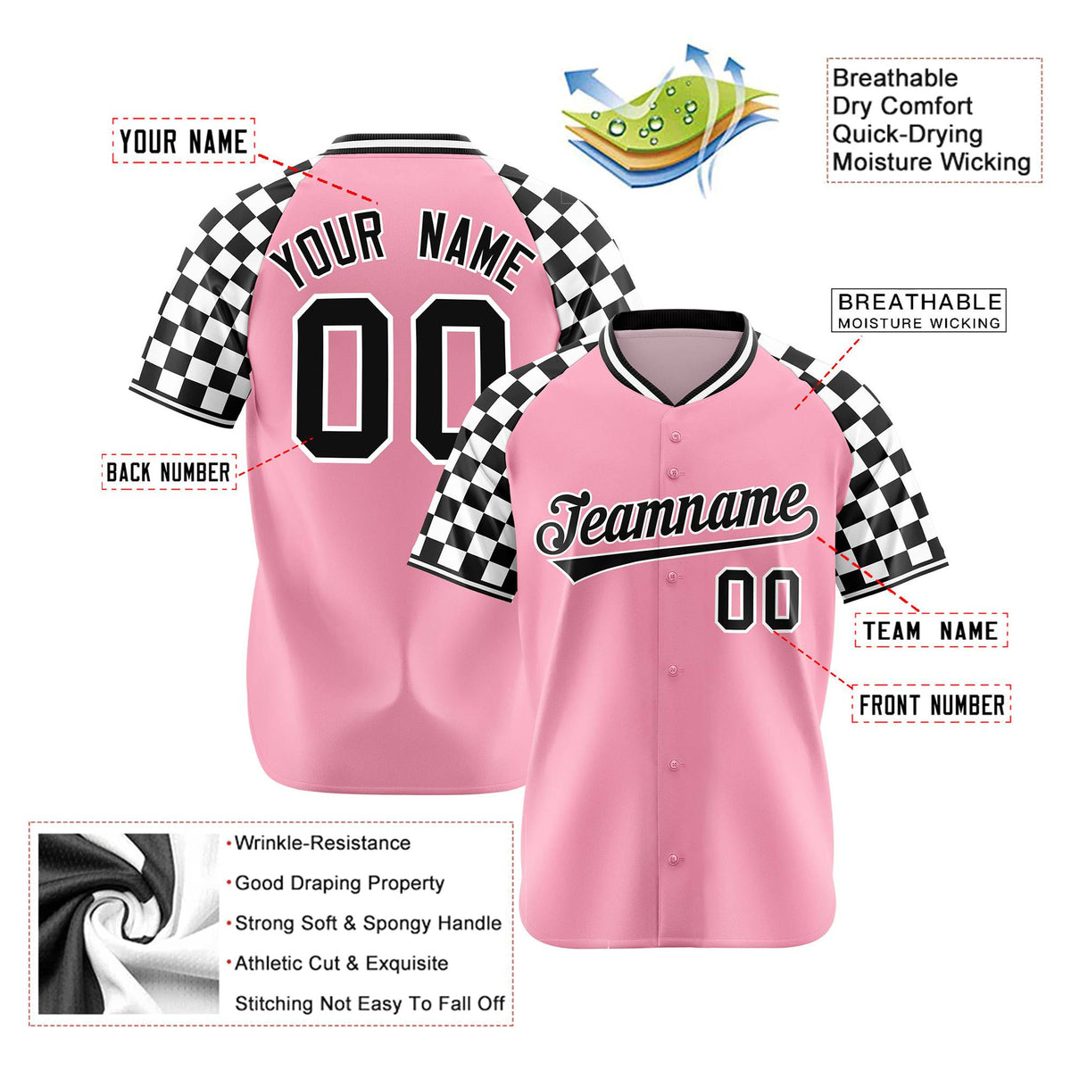 Custom Light Pink Black-White Authentic Plaid Sleeve Baseball Jersey