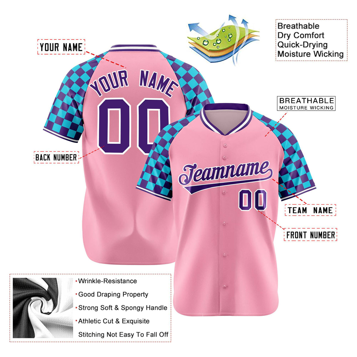 Custom Light Pink Purple-Sky Blue Authentic Plaid Sleeve Baseball Jersey