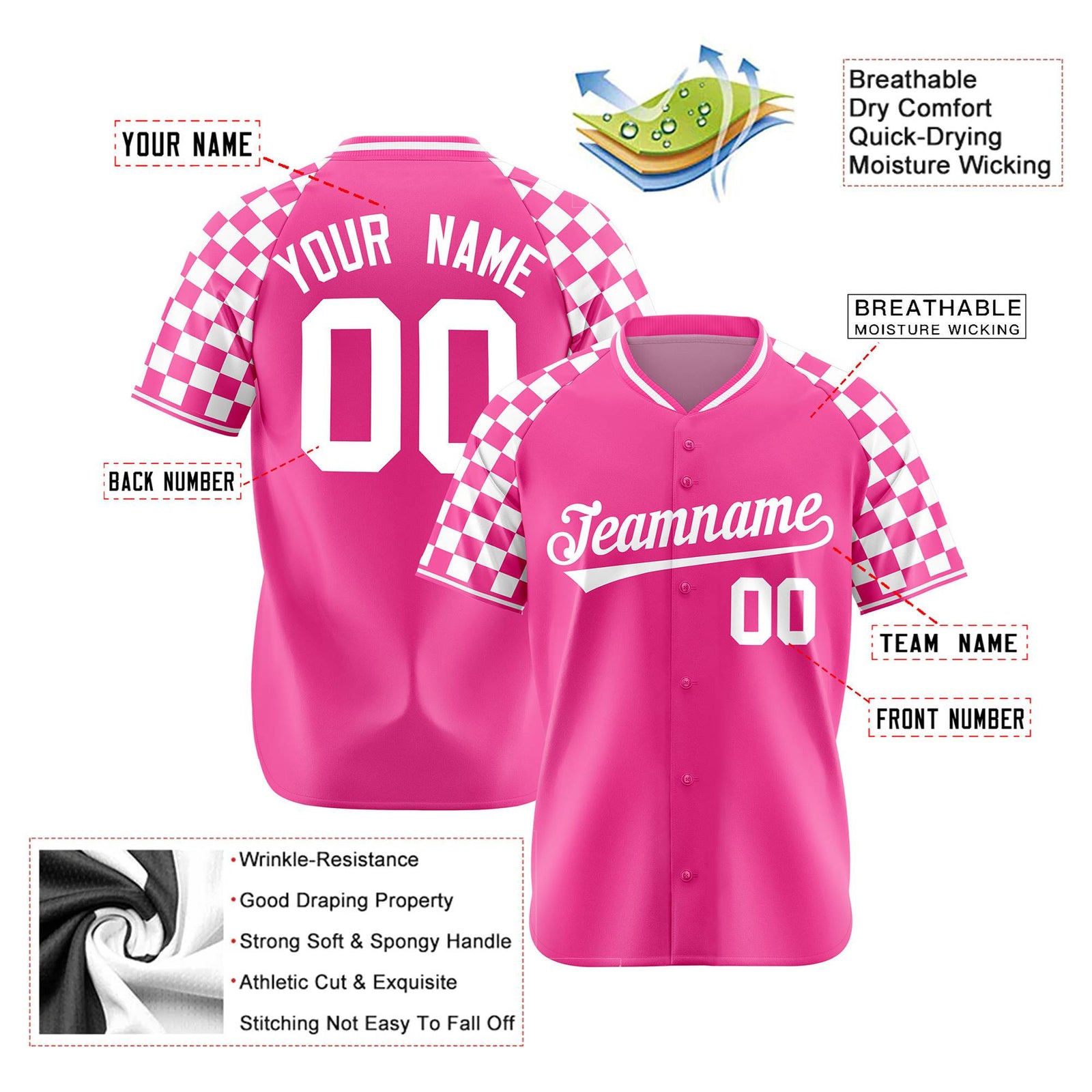 Custom Pink White Authentic Plaid Sleeve Baseball Jersey