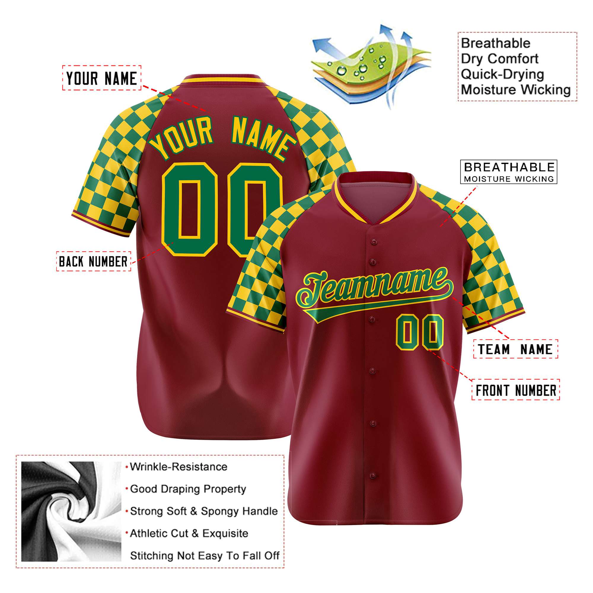 Custom Crimson Kelly Green-Gold Authentic Plaid Sleeve Baseball Jersey