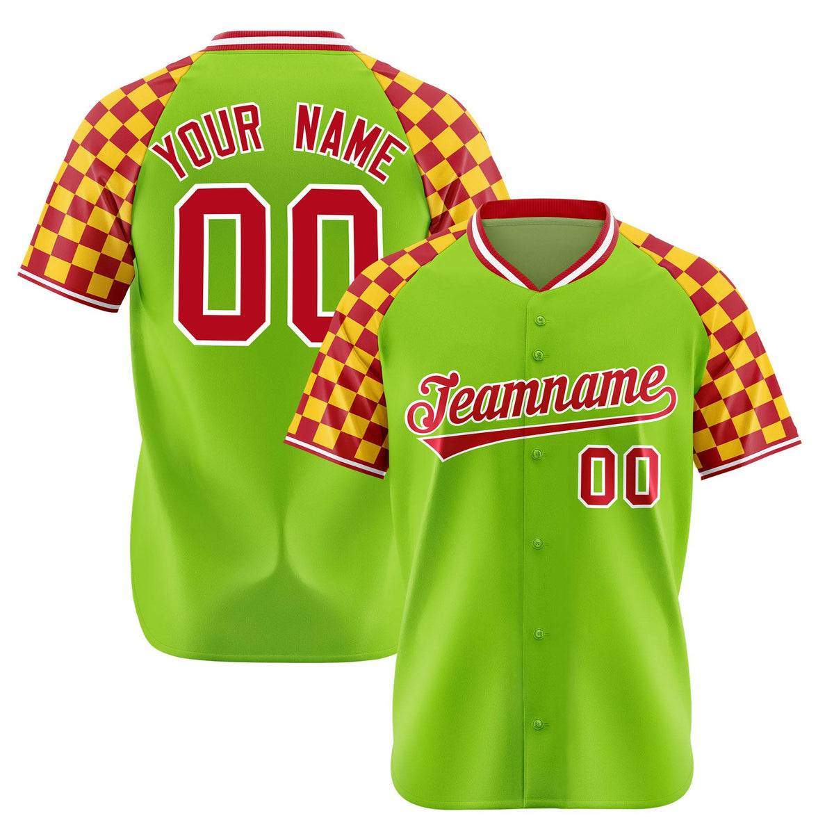 Custom Neon Green Red-Gold Authentic Plaid Sleeve Baseball Jersey