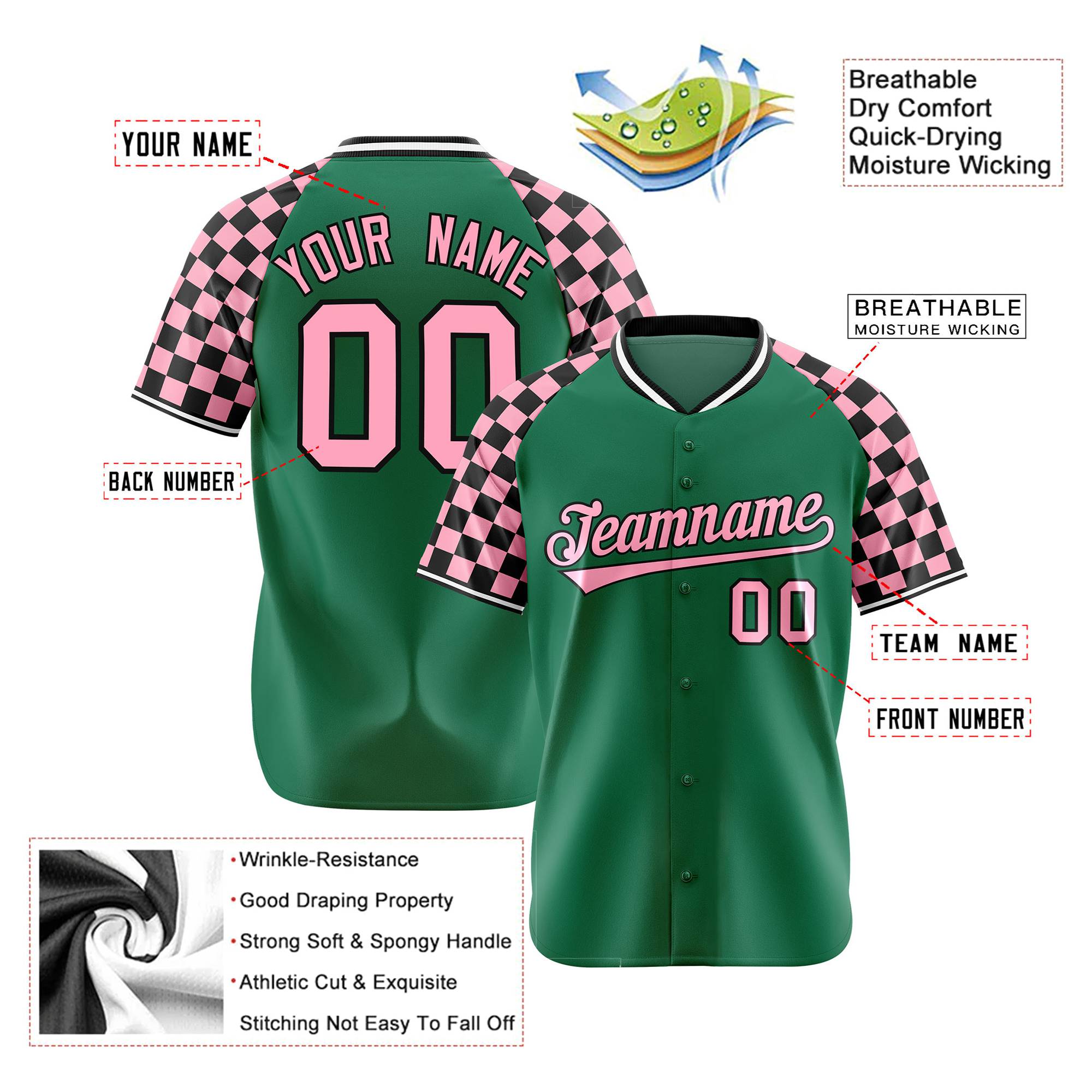 Custom Kelly Green-Light Pink Black Authentic Plaid sleeve Baseball Jersey