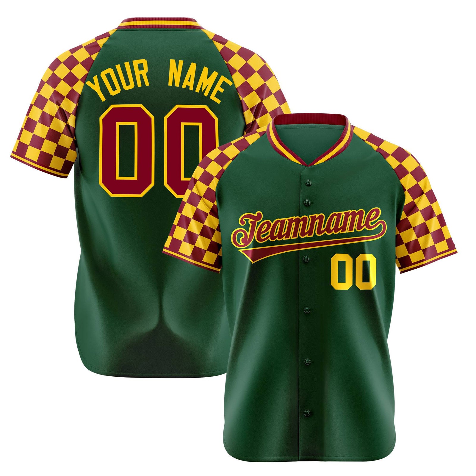 Custom Green Crimson-Gold Authentic Plaid Sleeve Baseball Jersey