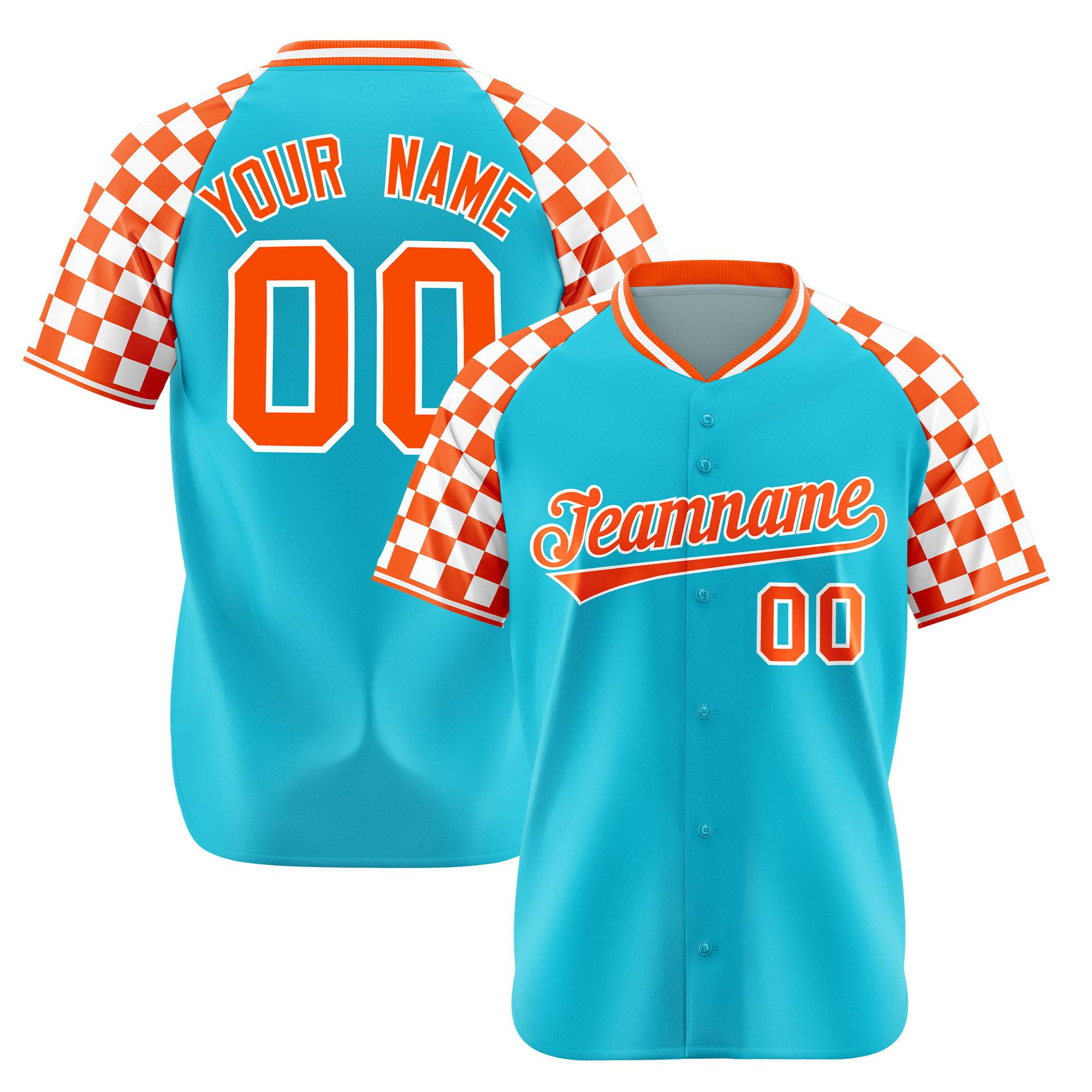 Custom Sky Blue Orange-White Authentic Plaid Sleeve Baseball Jersey