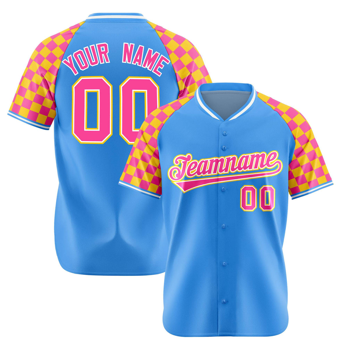 Custom Powder Blue Pink-Gold Authentic Plaid Sleeve Baseball Jersey
