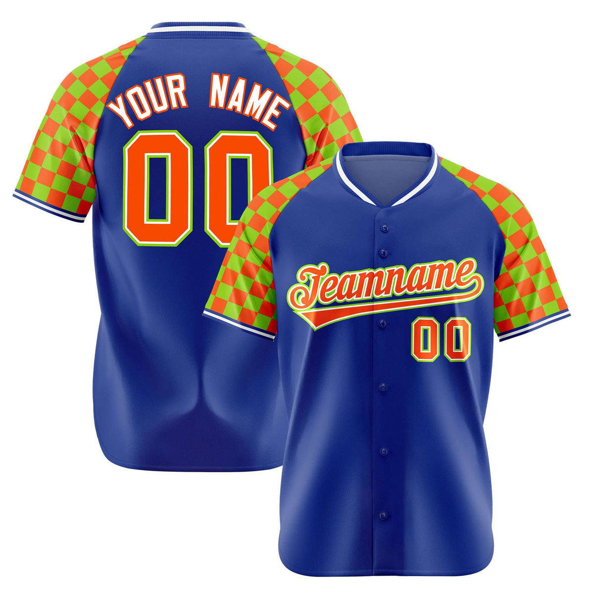 Custom Royal Blue Orange-Neon Green Authentic Plaid Sleeve Baseball Jersey