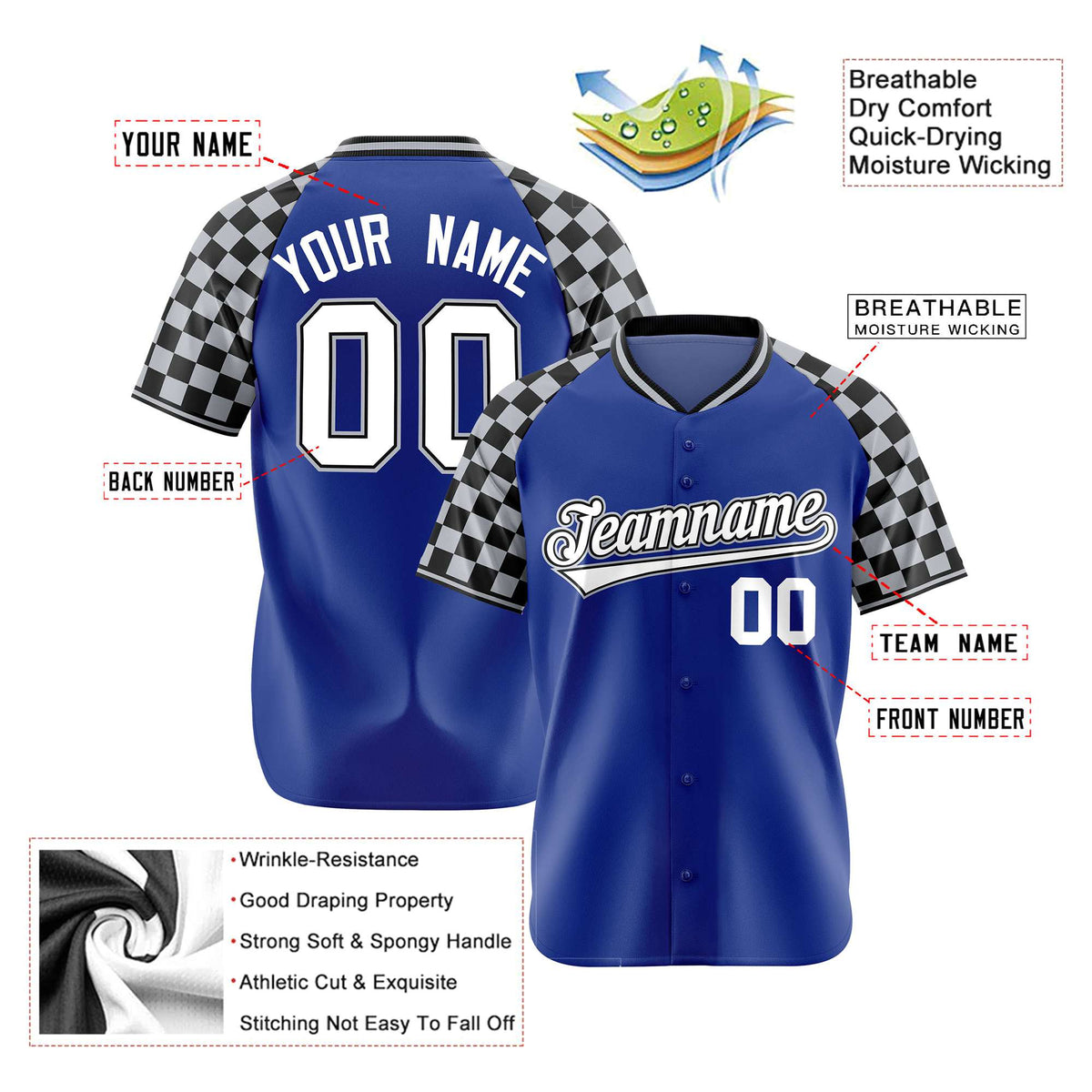 Custom Royal Blue Black-Gray Authentic Plaid Sleeve Baseball Jersey