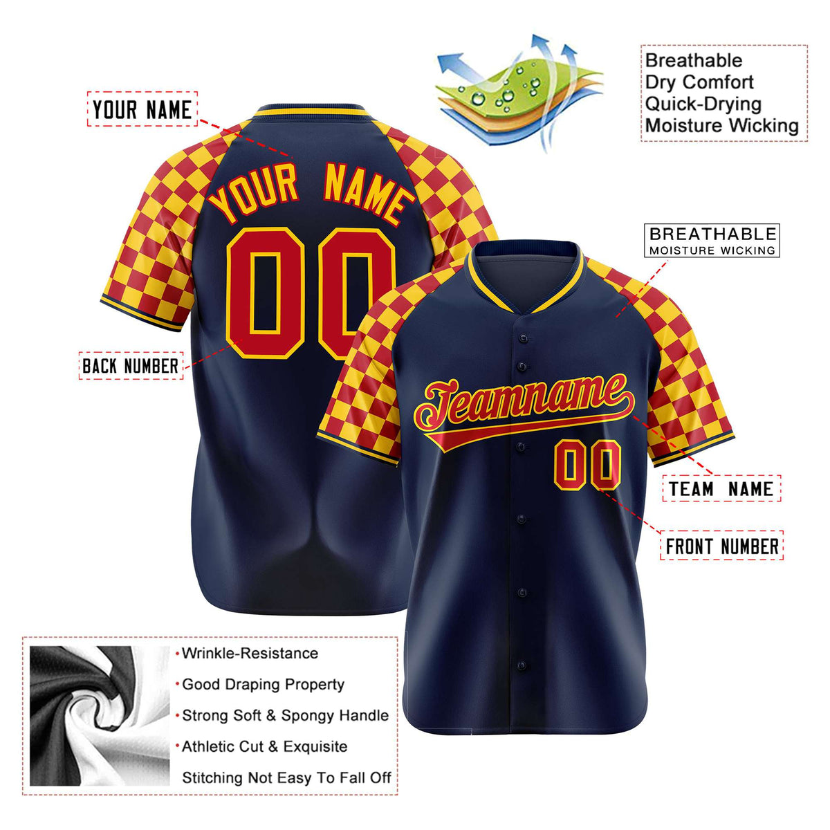 Custom Navy Red-Gold Authentic Plaid Sleeve Baseball Jersey