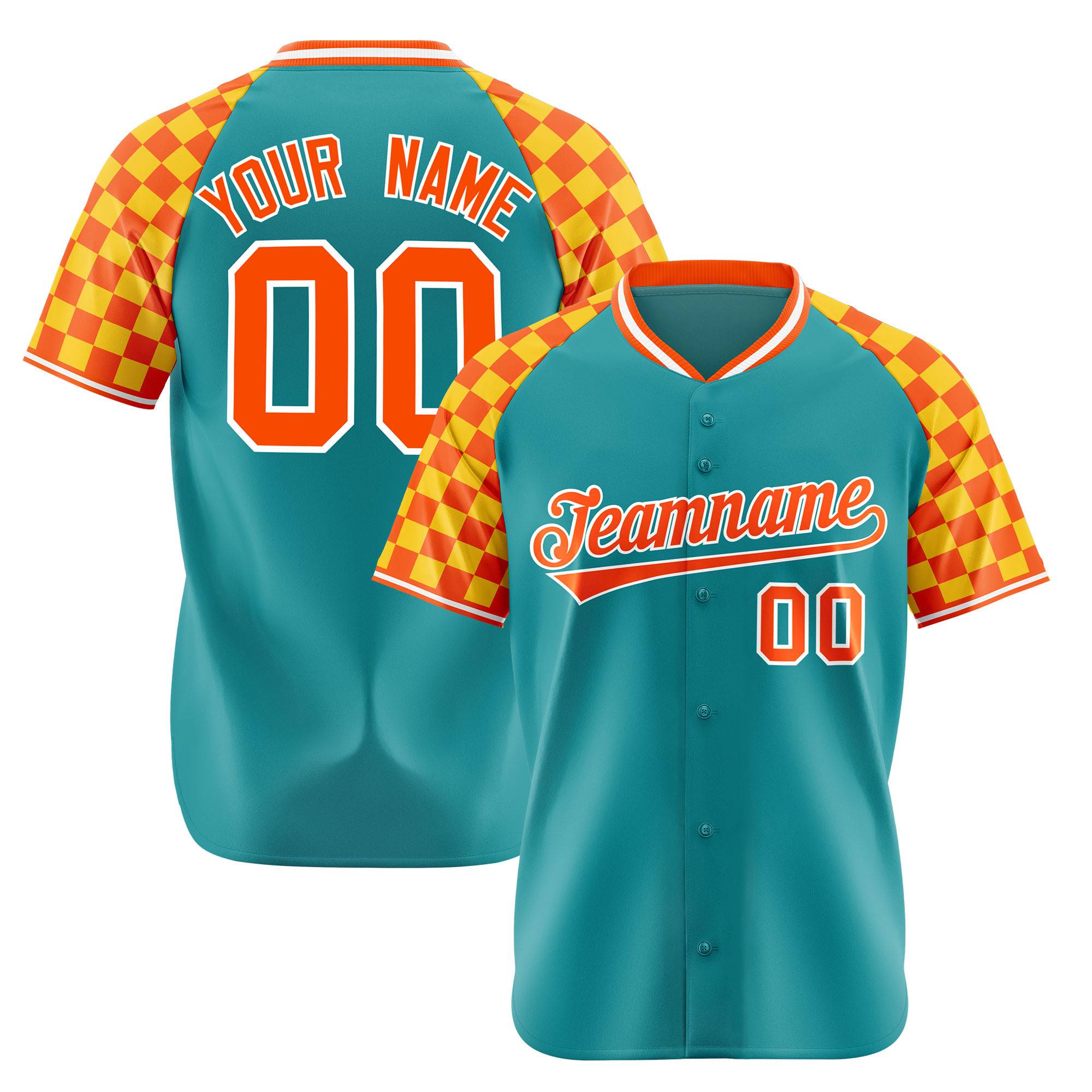 Custom Aqua Orange-Gold Authentic Plaid Sleeve Baseball Jersey