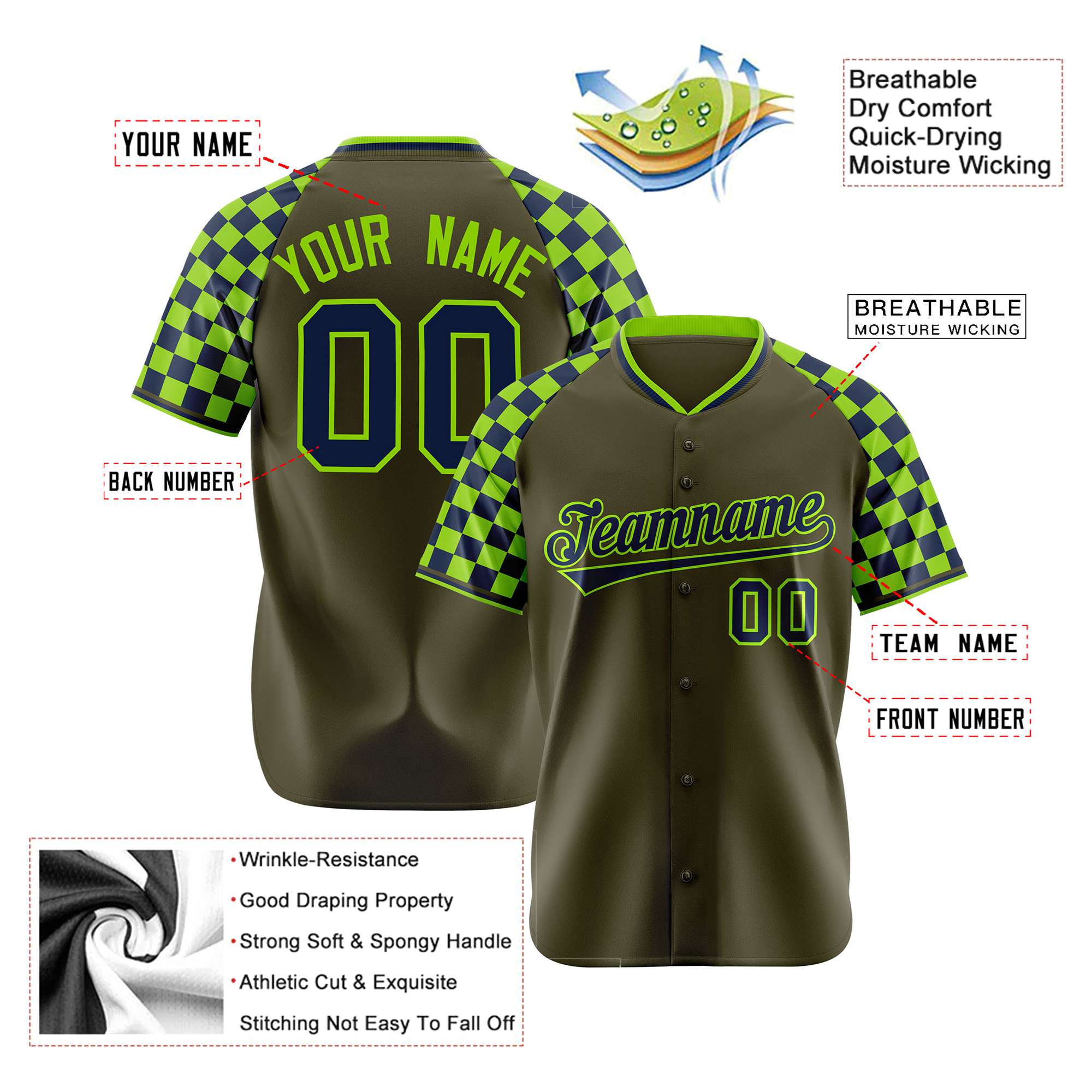 Custom Olive Neon Green-Navy Authentic Plaid Sleeve Baseball Jersey