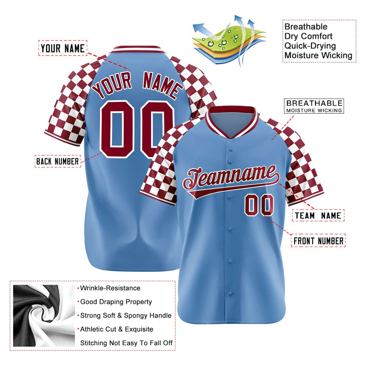 Custom Light Blue Crimson-White Authentic Plaid Sleeve Baseball Jersey