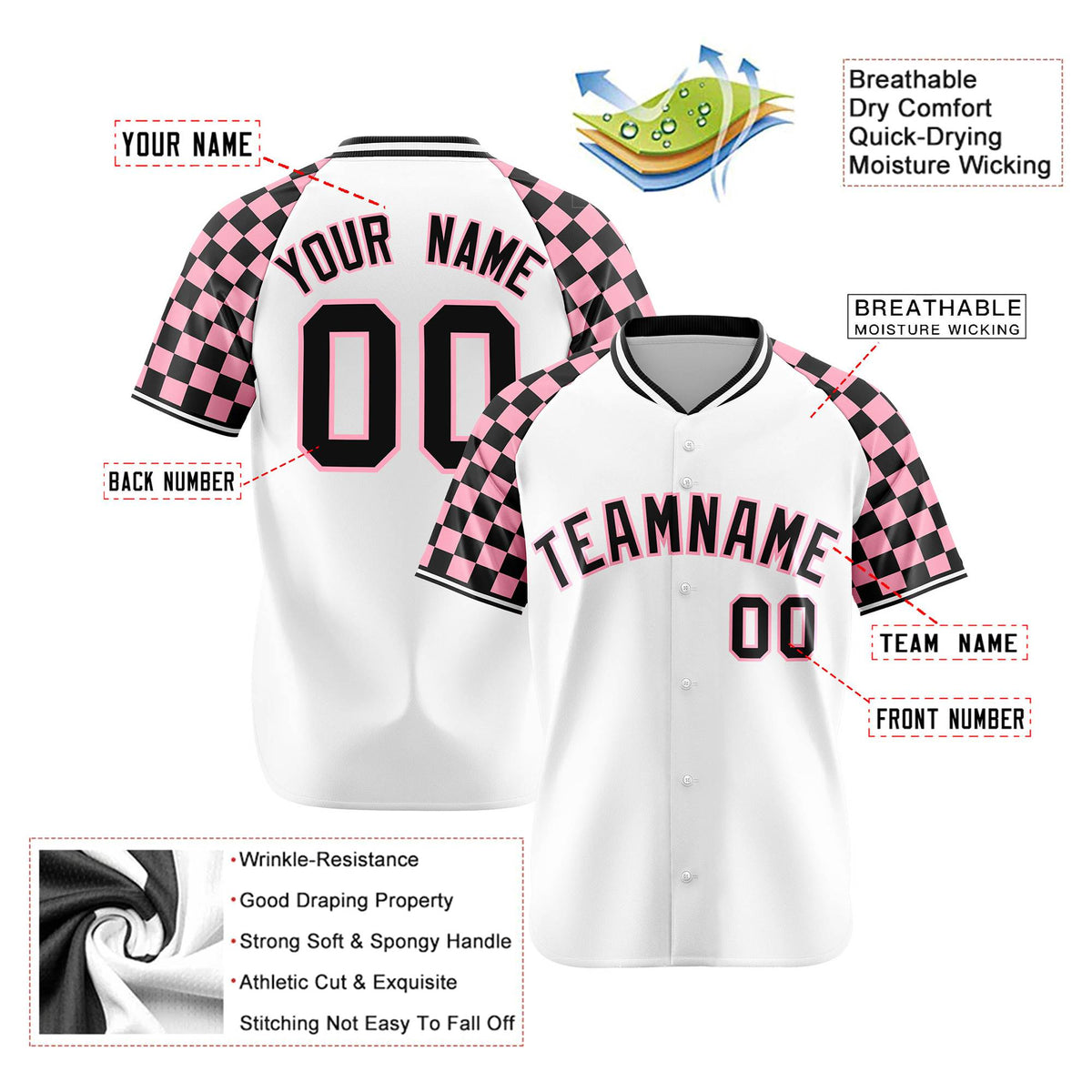 Custom White Light Pink-Black Authentic Plaid sleeve Baseball Jersey