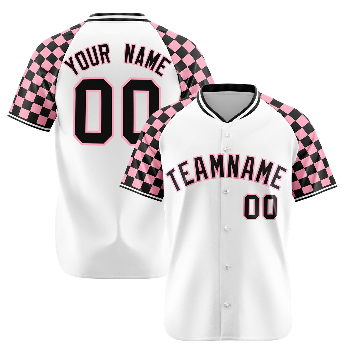 Custom White Light Pink-Black Authentic Plaid sleeve Baseball Jersey