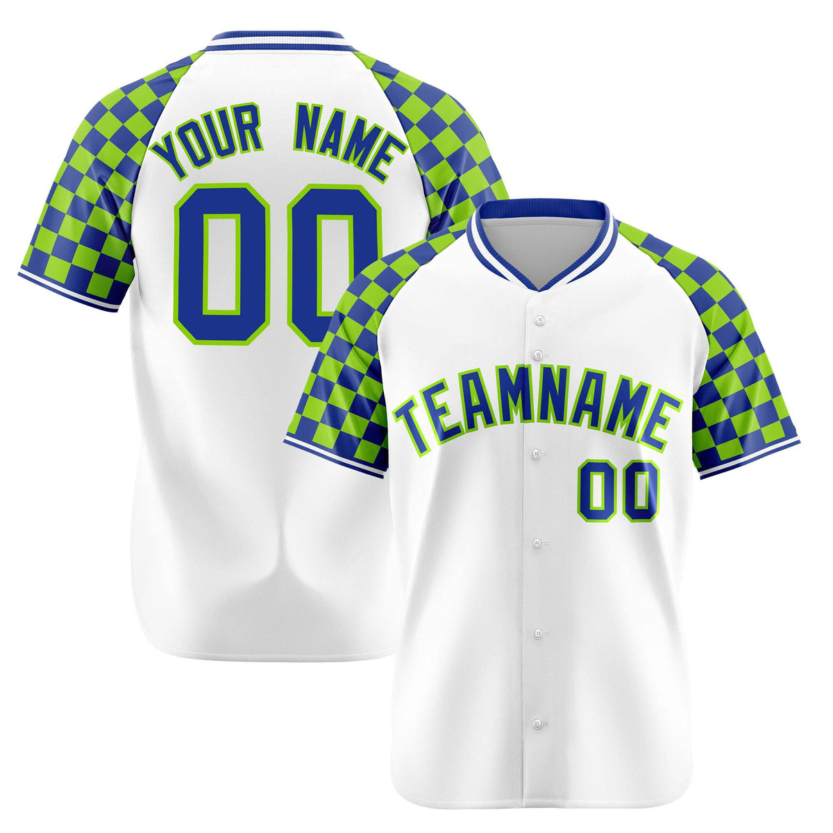 Custom White Neon Green-Royal Blue Authentic Plaid sleeve Baseball Jersey