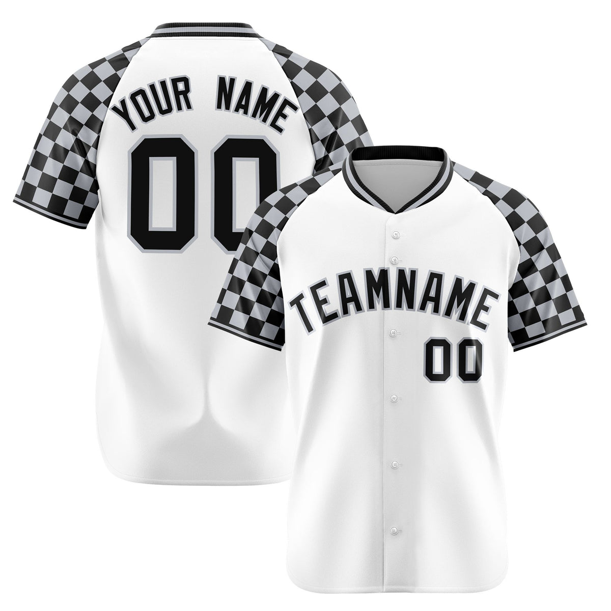 Custom White Gray-Black Authentic Plaid sleeve Baseball Jersey