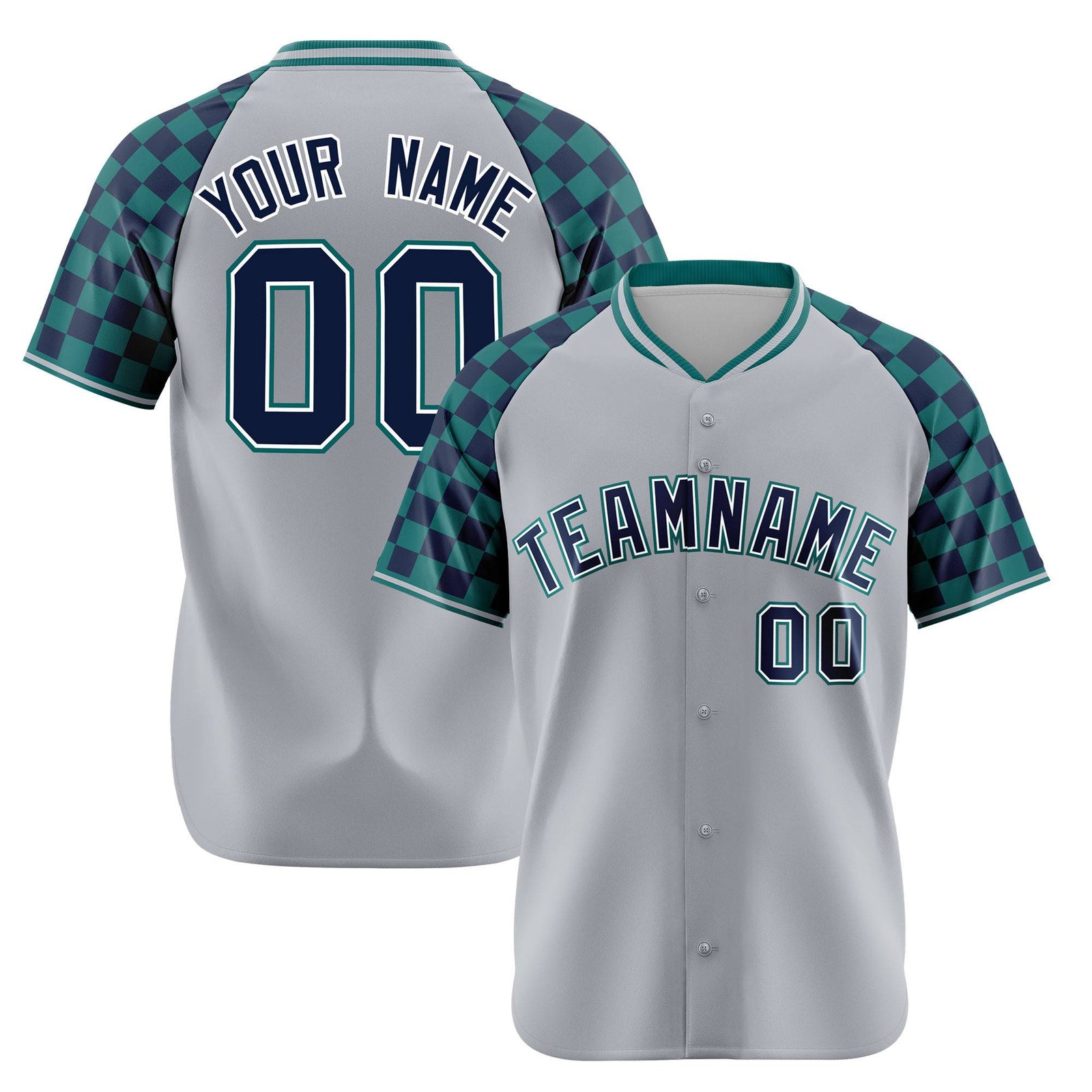 Custom Gray Navy-Aqua Authentic Plaid Sleeve Baseball Jersey