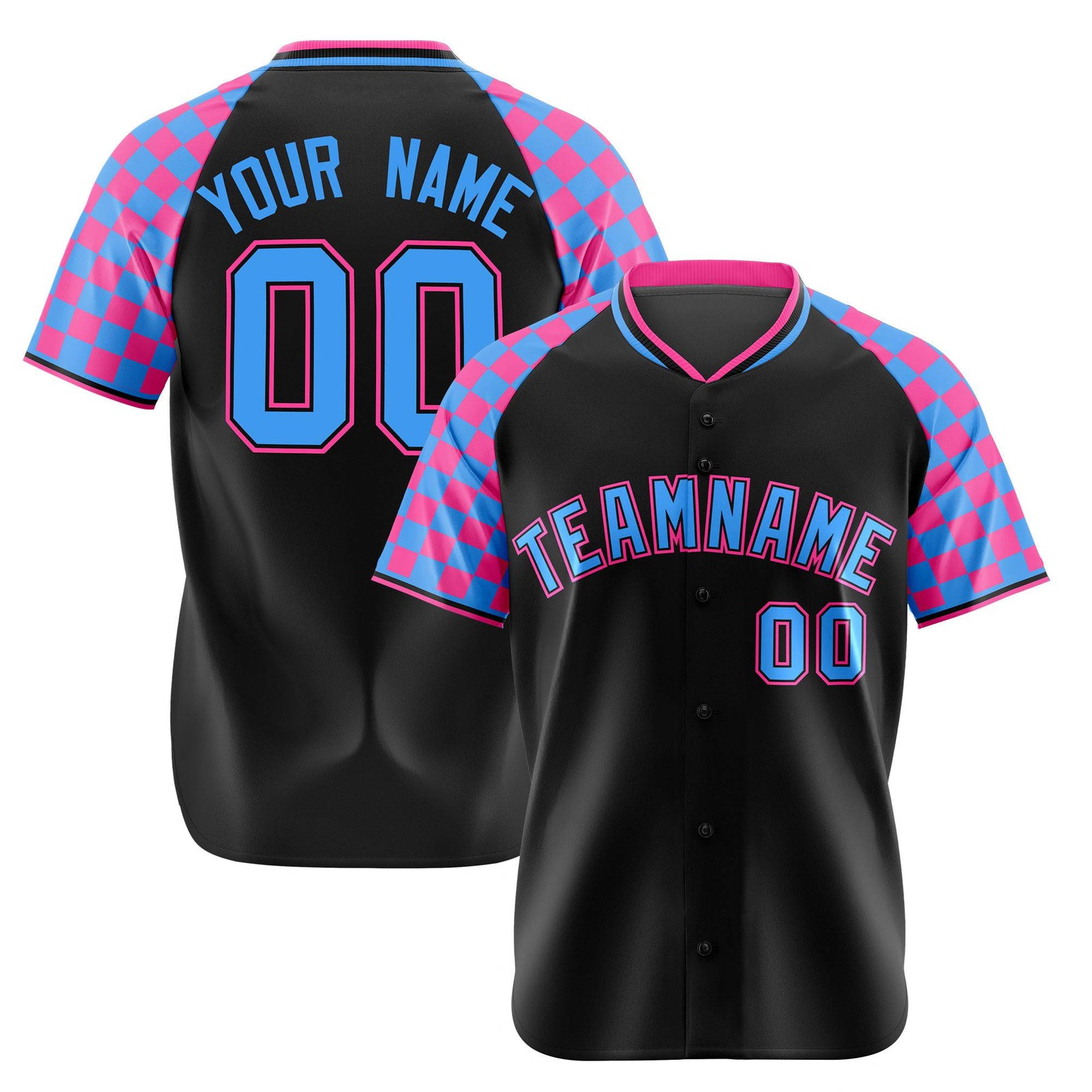 Custom Black Pink-Powder Blue Authentic Plaid Sleeve Baseball Jersey