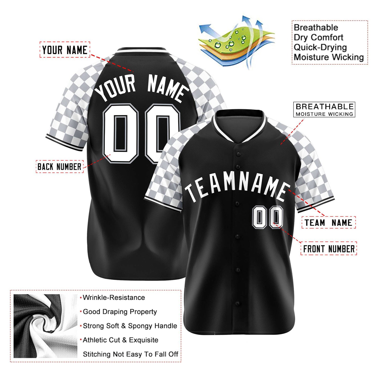 Custom Black Gray-White Authentic Plaid Sleeve Baseball Jersey