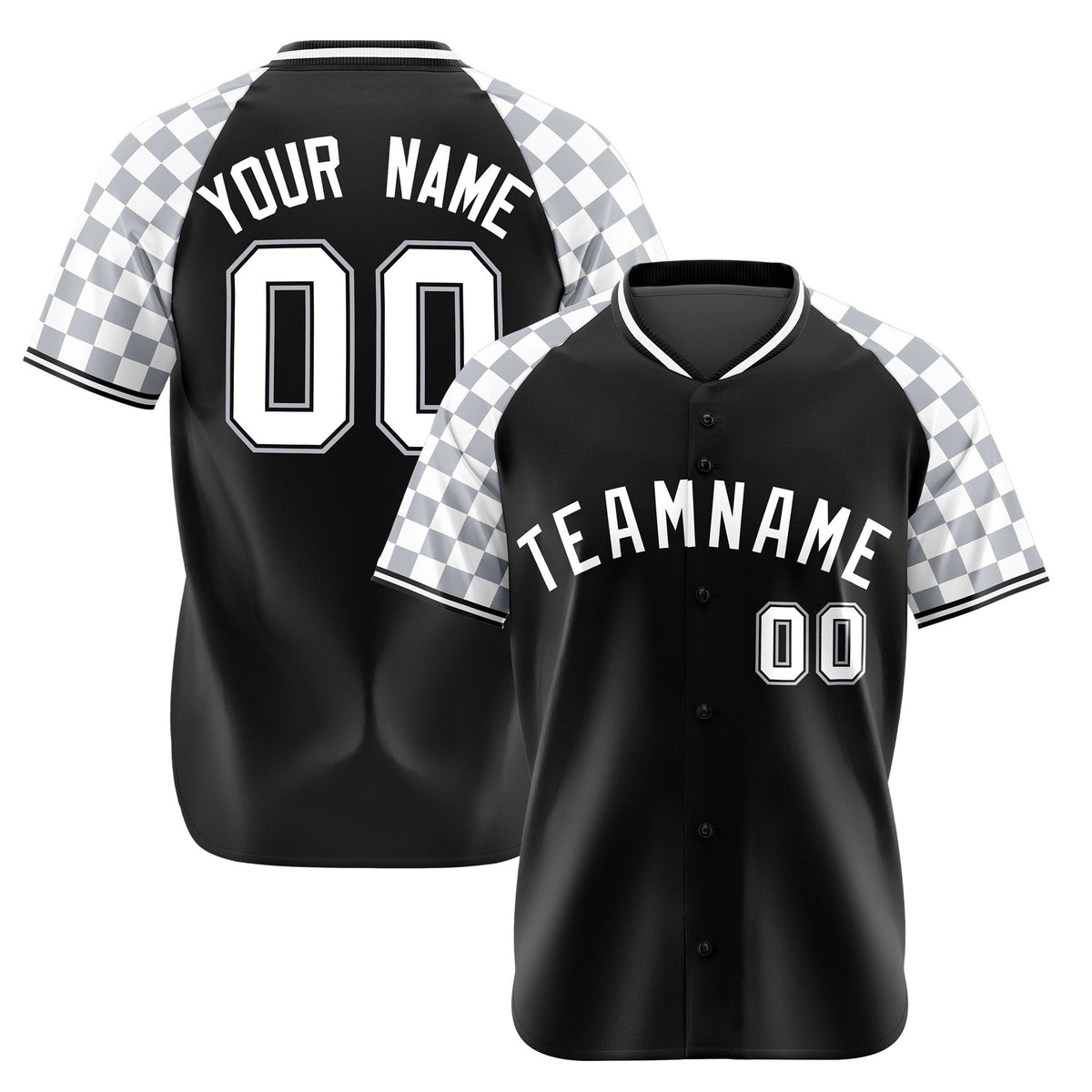 Custom Black Gray-White Authentic Plaid Sleeve Baseball Jersey