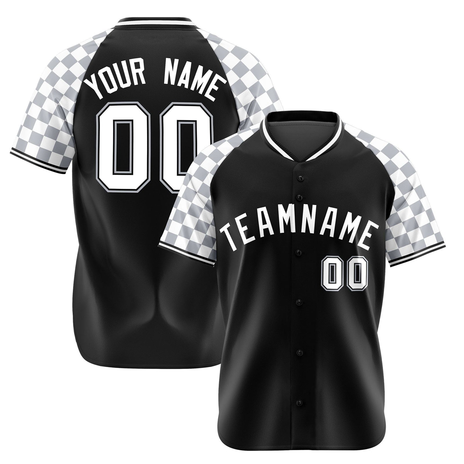 Custom Black Gray-White Authentic Plaid Sleeve Baseball Jersey