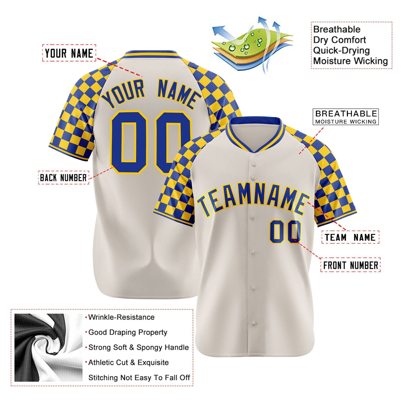 Custom Khaki Royal Blue-Gold Authentic Plaid Sleeve Baseball Jersey