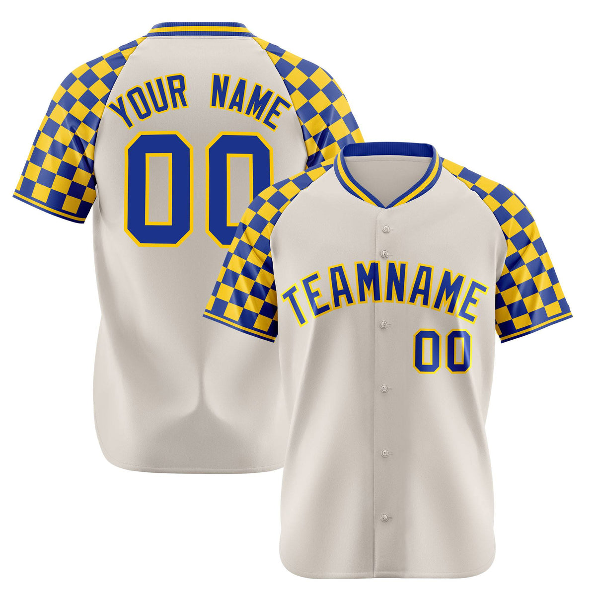Custom Khaki Royal Blue-Gold Authentic Plaid Sleeve Baseball Jersey