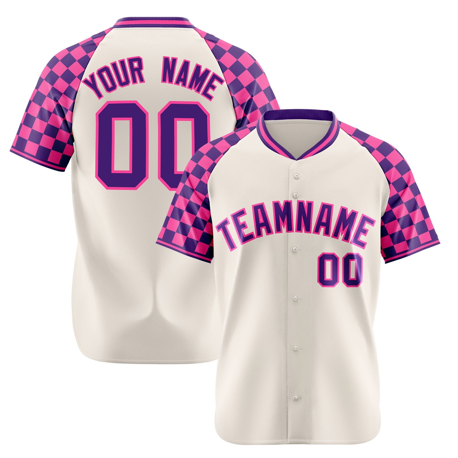 Custom Khaki Purple-Pink Authentic Plaid Sleeve Baseball Jersey
