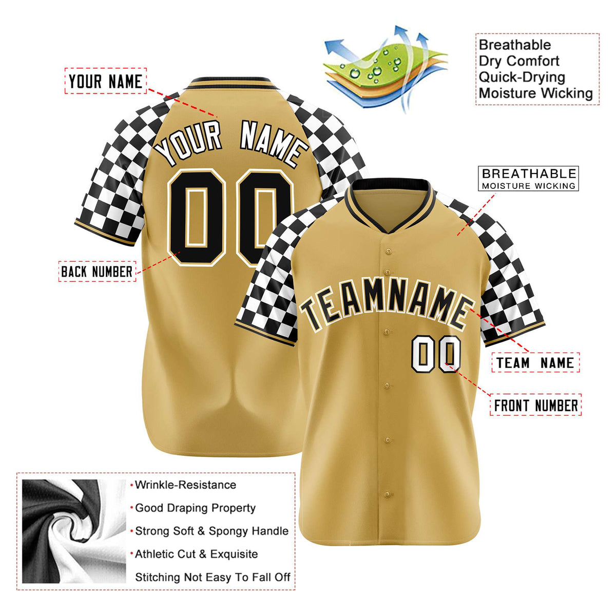 Custom Old Gold Black-White Authentic Plaid Sleeve Baseball Jersey