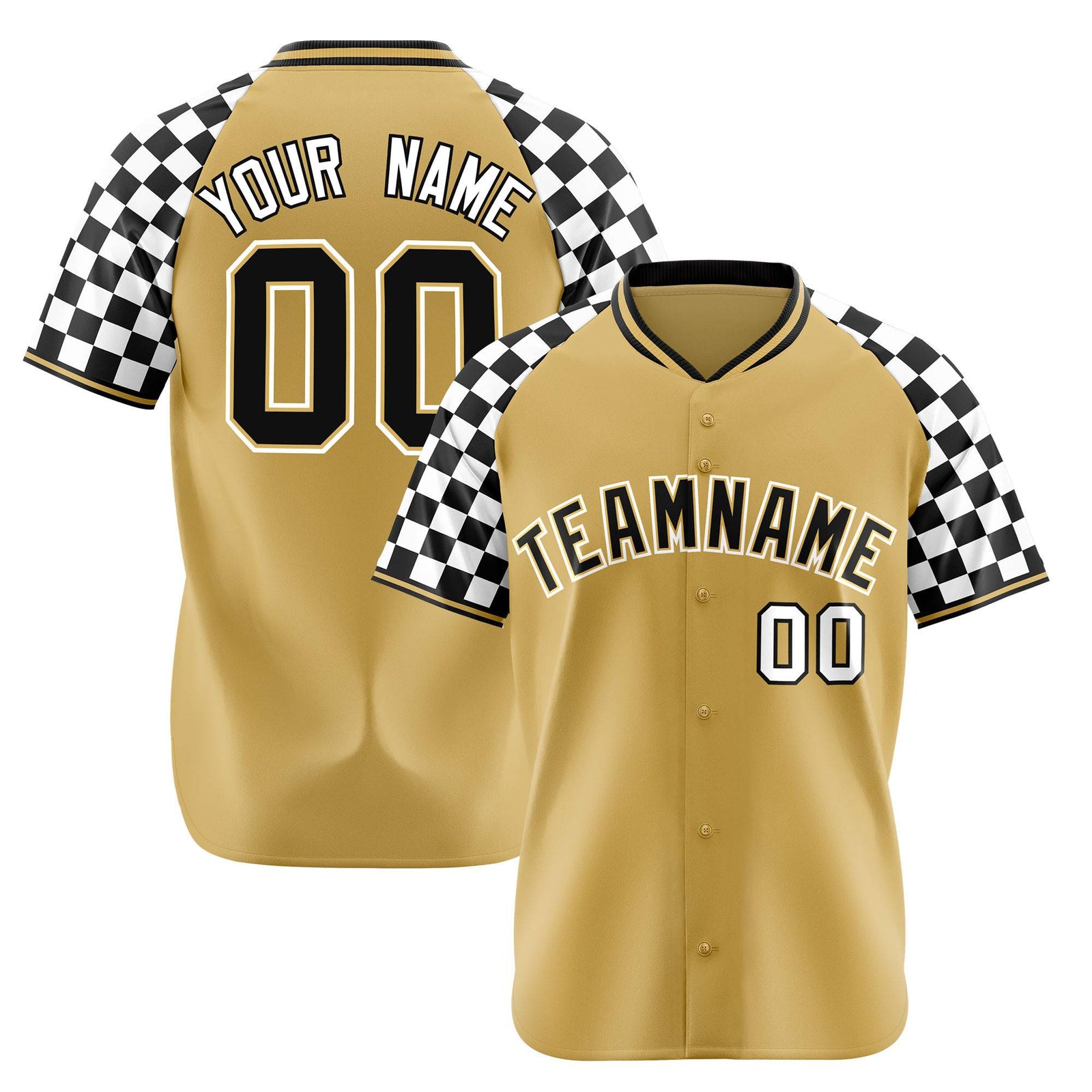Custom Old Gold Black-White Authentic Plaid Sleeve Baseball Jersey