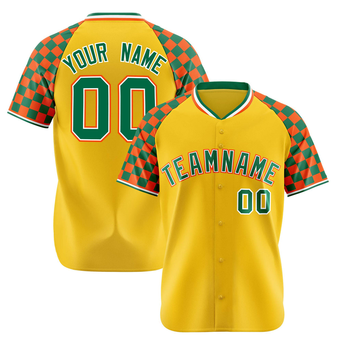 Custom Gold Kelly Green-Orange Authentic Plaid Sleeve Baseball Jersey