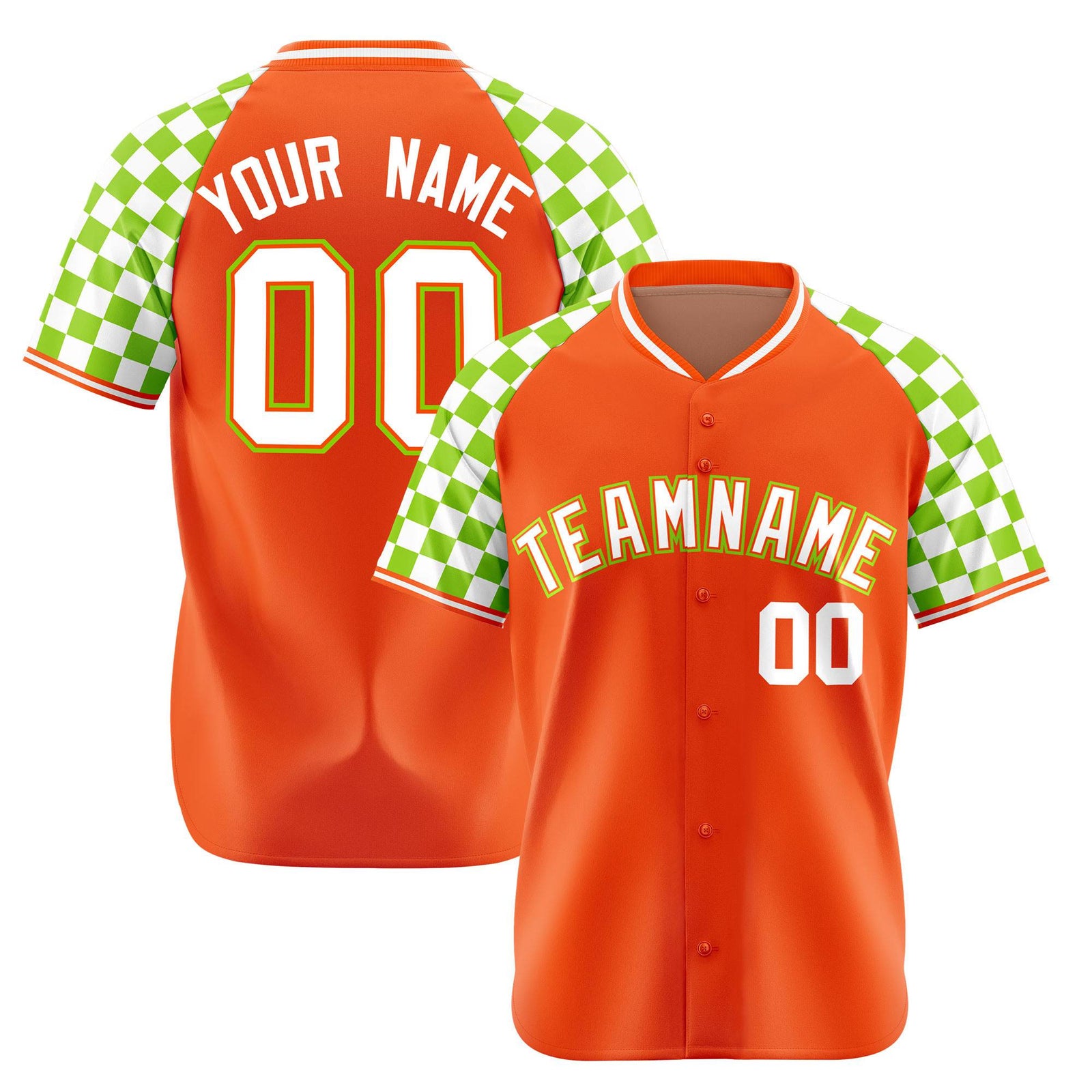 Custom Orange White-Neon Green Authentic Plaid Sleeve Baseball Jersey