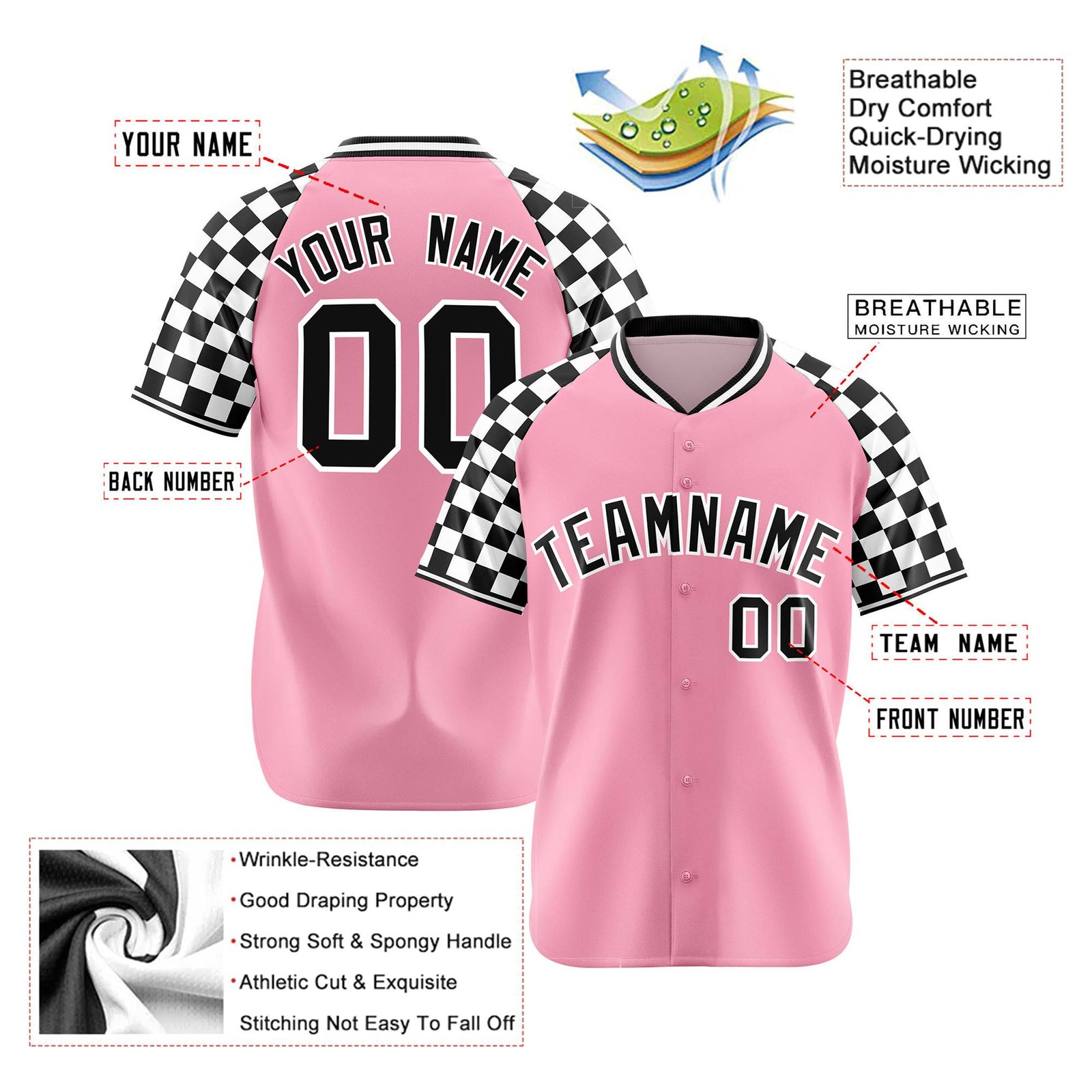 Custom Light Pink Black-White Authentic Plaid Sleeve Baseball Jersey