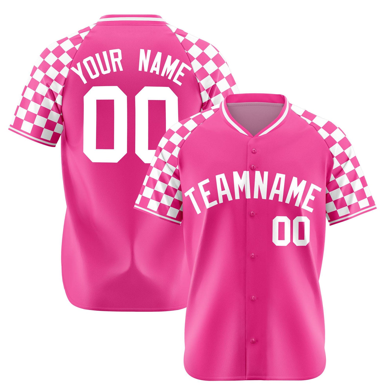 Custom Pink White Authentic Plaid Sleeve Baseball Jersey